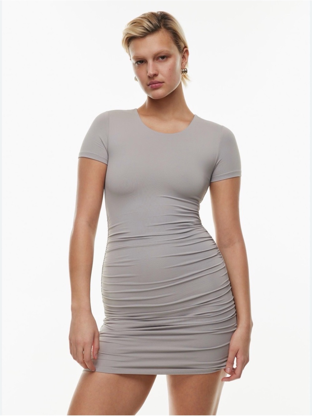 Aritzia Short Sleeve Ruched Bodycon Dress — Taupe